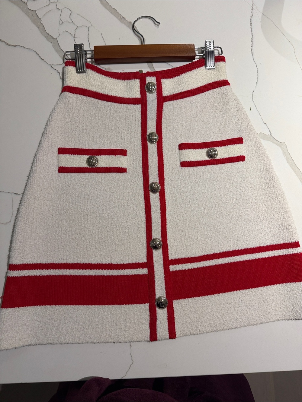 Maje Cream Knit A-Line Skirt with Red Trim